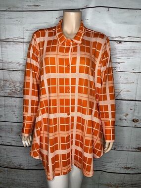 Attitudes by Renee NWT 2X Orange & White Plaid Swing Button Up Blouse w/ Pockets